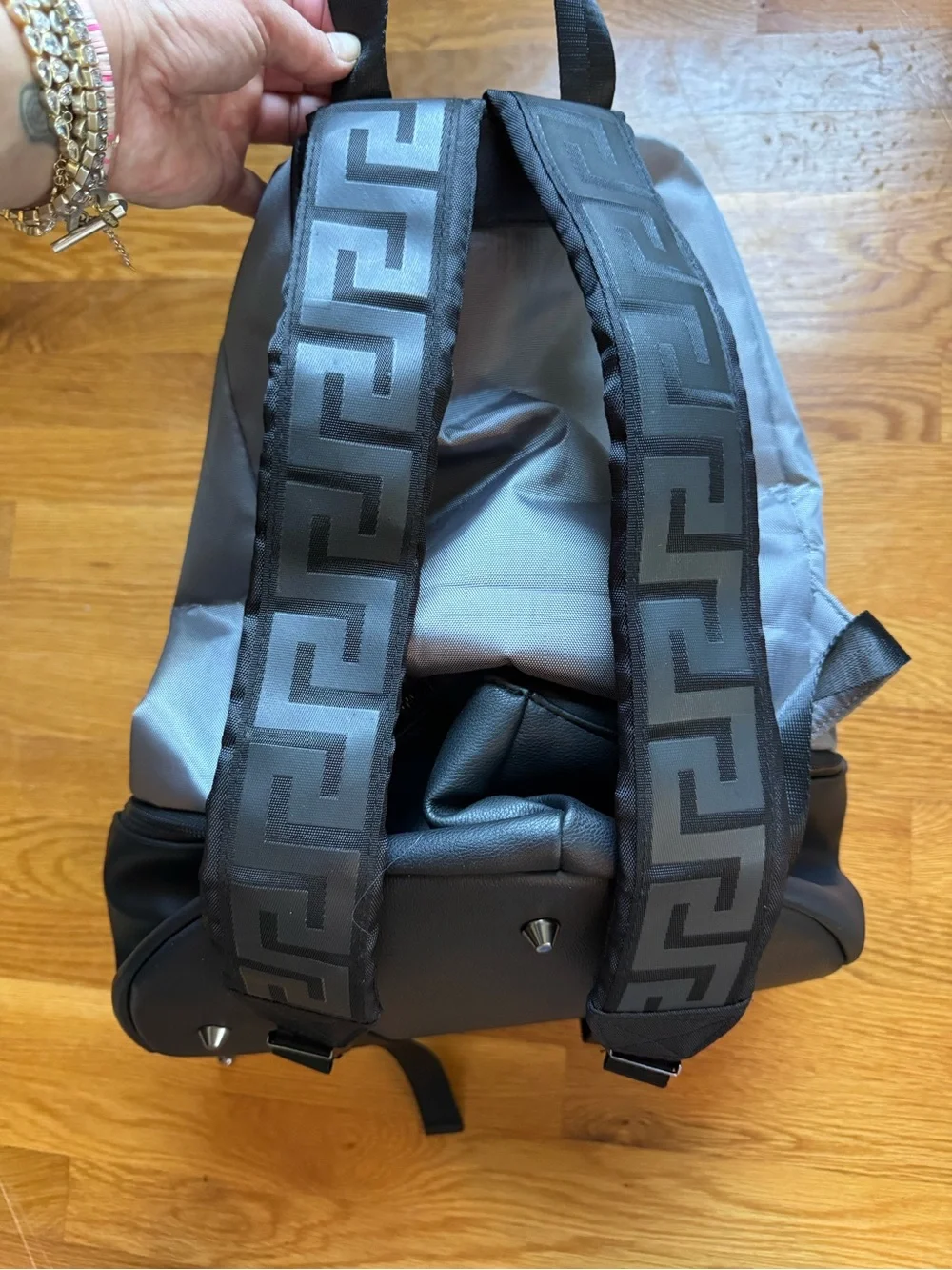 Versace Grey & Black Mesh-Front Drawstring Backpack